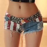 Hot Women Summer Low Waist Sexy Star Stripe Trendy Slim American US Flag Printed Mini Jeans Denim Shorts Large Size