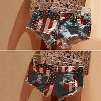Hot Women Summer Low Waist Sexy Star Stripe Trendy Slim American US Flag Printed Mini Jeans Denim Shorts Large Size