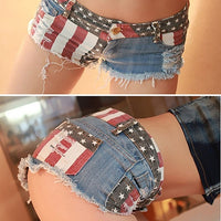 Hot Women Summer Low Waist Sexy Star Stripe Trendy Slim American US Flag Printed Mini Jeans Denim Shorts Large Size