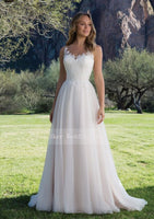 Hot Tulle Wedding Dress A-Line Gown with Scoop Lace Neckline Sleeveless Bridal Gowns V-Back