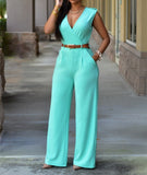 Jumpsuit Long Pants For Women Rompers Sleeveless V -Neck Summer Wide Leg Jumpsuirt With Belt Sexy Club Party