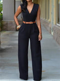 Jumpsuit Long Pants For Women Rompers Sleeveless V -Neck Summer Wide Leg Jumpsuirt With Belt Sexy Club Party