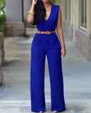 Jumpsuit Long Pants For Women Rompers Sleeveless V -Neck Summer Wide Leg Jumpsuirt With Belt Sexy Club Party