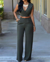 Jumpsuit Long Pants For Women Rompers Sleeveless V -Neck Summer Wide Leg Jumpsuirt With Belt Sexy Club Party