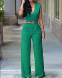 Jumpsuit Long Pants For Women Rompers Sleeveless V -Neck Summer Wide Leg Jumpsuirt With Belt Sexy Club Party