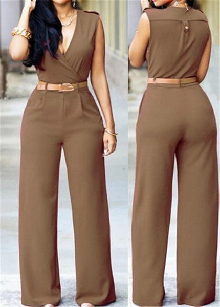 Jumpsuit Long Pants For Women Rompers Sleeveless V -Neck Summer Wide Leg Jumpsuirt With Belt Sexy Club Party