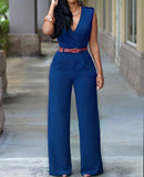 Jumpsuit Long Pants For Women Rompers Sleeveless V -Neck Summer Wide Leg Jumpsuirt With Belt Sexy Club Party