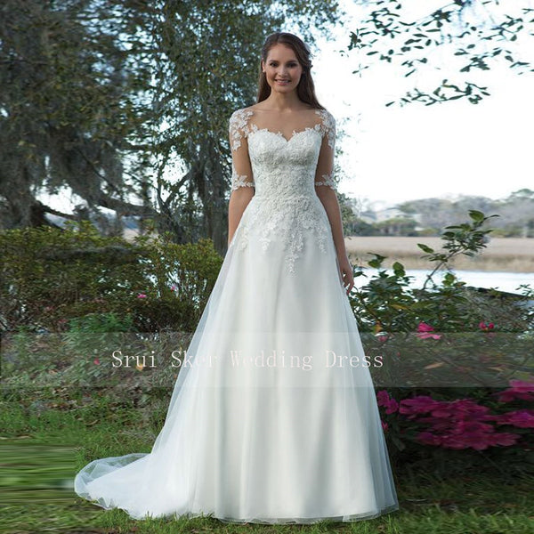 Beautiful Wedding Dress Organza Satin A-Line Gown with Illusion Sleeves and Lace Appliques Bridal Dresses