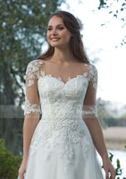 Beautiful Wedding Dress Organza Satin A-Line Gown with Illusion Sleeves and Lace Appliques Bridal Dresses