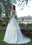 Beautiful Wedding Dress Organza Satin A-Line Gown with Illusion Sleeves and Lace Appliques Bridal Dresses