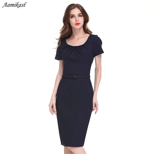 Womens Elegant Short Sleevele Belted Wear To Work Office Business Party Casual Summer Bodycon Slim Fitted Pencil Dress