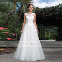 Floor Length Tulle Gown White A-Line Wedding Dresses Scoop Lace Neckline Lace up Back Bridal Gowns