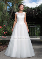 Floor Length Tulle Gown White A-Line Wedding Dresses Scoop Lace Neckline Lace up Back Bridal Gowns