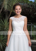 Floor Length Tulle Gown White A-Line Wedding Dresses Scoop Lace Neckline Lace up Back Bridal Gowns