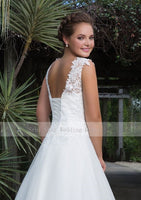 Floor Length Tulle Gown White A-Line Wedding Dresses Scoop Lace Neckline Lace up Back Bridal Gowns