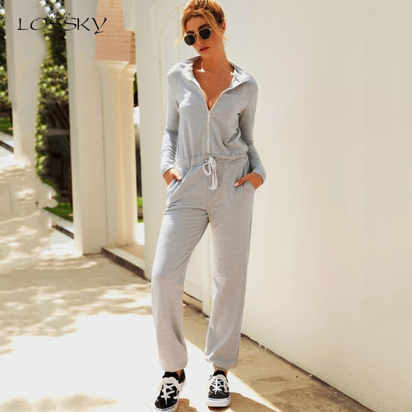 Lossky Autumn Winter Jumpsuit Zipper Womens Long Sleeve Rompers Solid Casual Long Pants Slim Jumpsuit Ladies Sets Leisure