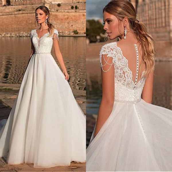 Graceful V-neck A-line Wedding Dress Appliques Custom Made Tulle Gowns Short Sleeve Illusion Back Bridal Dresses