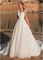 Graceful V-neck A-line Wedding Dress Appliques Custom Made Tulle Gowns Short Sleeve Illusion Back Bridal Dresses