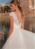Graceful V-neck A-line Wedding Dress Appliques Custom Made Tulle Gowns Short Sleeve Illusion Back Bridal Dresses