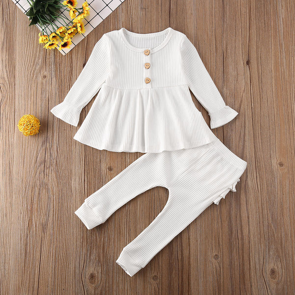 Pudcoco Newborn Baby Girl Clothes Solid Color Long Sleeve Knitted Cotton Tops Flower Ruffle Long Pants 2Pcs Outfits Clothes