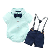 Baby Boy Clothes Romper + Bow + Navy Shorts + Suspenders Belt Sets Infant Clothing Short Outfit