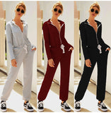 Lossky Autumn Winter Jumpsuit Zipper Womens Long Sleeve Rompers Solid Casual Long Pants Slim Jumpsuit Ladies Sets Leisure