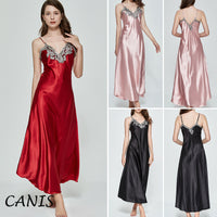 Women V-neck Satin Silk Red Sexy Sling V-neck Lace Pajama Night Dress Nightgown Sleepwear Long Dress