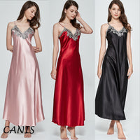 Women V-neck Satin Silk Red Sexy Sling V-neck Lace Pajama Night Dress Nightgown Sleepwear Long Dress