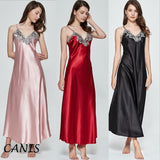 Women V-neck Satin Silk Red Sexy Sling V-neck Lace Pajama Night Dress Nightgown Sleepwear Long Dress