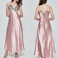 Women V-neck Satin Silk Red Sexy Sling V-neck Lace Pajama Night Dress Nightgown Sleepwear Long Dress