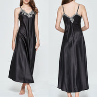 Women V-neck Satin Silk Red Sexy Sling V-neck Lace Pajama Night Dress Nightgown Sleepwear Long Dress