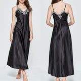 Women V-neck Satin Silk Red Sexy Sling V-neck Lace Pajama Night Dress Nightgown Sleepwear Long Dress