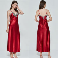 Women V-neck Satin Silk Red Sexy Sling V-neck Lace Pajama Night Dress Nightgown Sleepwear Long Dress