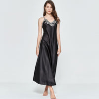 Women V-neck Satin Silk Red Sexy Sling V-neck Lace Pajama Night Dress Nightgown Sleepwear Long Dress