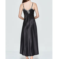 Women V-neck Satin Silk Red Sexy Sling V-neck Lace Pajama Night Dress Nightgown Sleepwear Long Dress