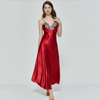 Women V-neck Satin Silk Red Sexy Sling V-neck Lace Pajama Night Dress Nightgown Sleepwear Long Dress
