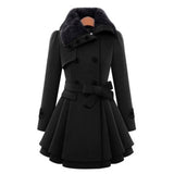Woolen Coat Double Breasted Lapel Long Coat Female Thicken Autumn Winter Slim Belt Pleated Trench Coats Lady Fur Collar Peacoat