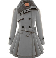 Woolen Coat Double Breasted Lapel Long Coat Female Thicken Autumn Winter Slim Belt Pleated Trench Coats Lady Fur Collar Peacoat