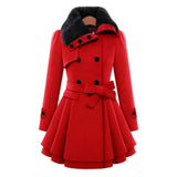 Woolen Coat Double Breasted Lapel Long Coat Female Thicken Autumn Winter Slim Belt Pleated Trench Coats Lady Fur Collar Peacoat