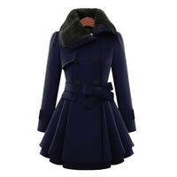 Woolen Coat Double Breasted Lapel Long Coat Female Thicken Autumn Winter Slim Belt Pleated Trench Coats Lady Fur Collar Peacoat
