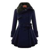 Woolen Coat Double Breasted Lapel Long Coat Female Thicken Autumn Winter Slim Belt Pleated Trench Coats Lady Fur Collar Peacoat