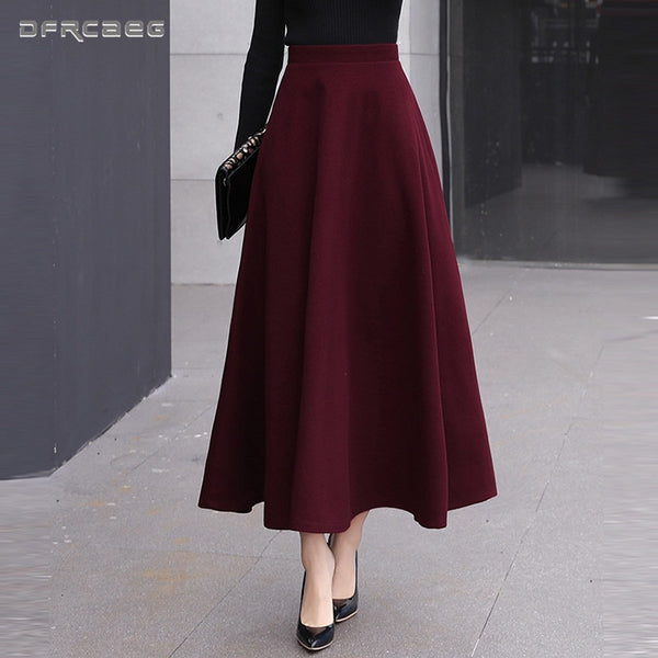 High Waist Woolen Skirts Womens Winter Fashion Streetwear Wool Long Pleated Skirt With Belt Casual Ladies