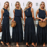 Bobo Women Dark Blue Loose Sleeveless Holiday Dot Print Long Maxi Dress Evening Party Beach Dresses Summer Sundress