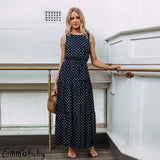 Bobo Women Dark Blue Loose Sleeveless Holiday Dot Print Long Maxi Dress Evening Party Beach Dresses Summer Sundress