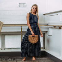 Bobo Women Dark Blue Loose Sleeveless Holiday Dot Print Long Maxi Dress Evening Party Beach Dresses Summer Sundress