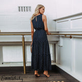 Bobo Women Dark Blue Loose Sleeveless Holiday Dot Print Long Maxi Dress Evening Party Beach Dresses Summer Sundress