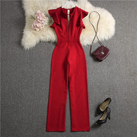 ALPHALMODA Summer Women Deep V-neck Sexy Jumpsuits Solid Color Straight Full Length Pants Ladies Party Overall Outfit