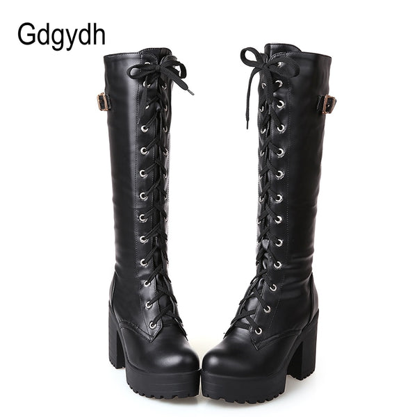 Hot Sale Spring Autumn Lacing Knee High Boots Women Fashion White Square Heel Woman Leather Shoes Winter PU Large Size 43