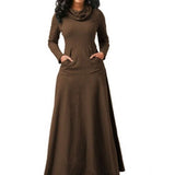 Women Warm Dress With Pocket Casual Solid Vintage Autumn Winter Maxi Dress Robe Bow Neck Long Elegant Dress