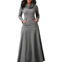 Women Warm Dress With Pocket Casual Solid Vintage Autumn Winter Maxi Dress Robe Bow Neck Long Elegant Dress